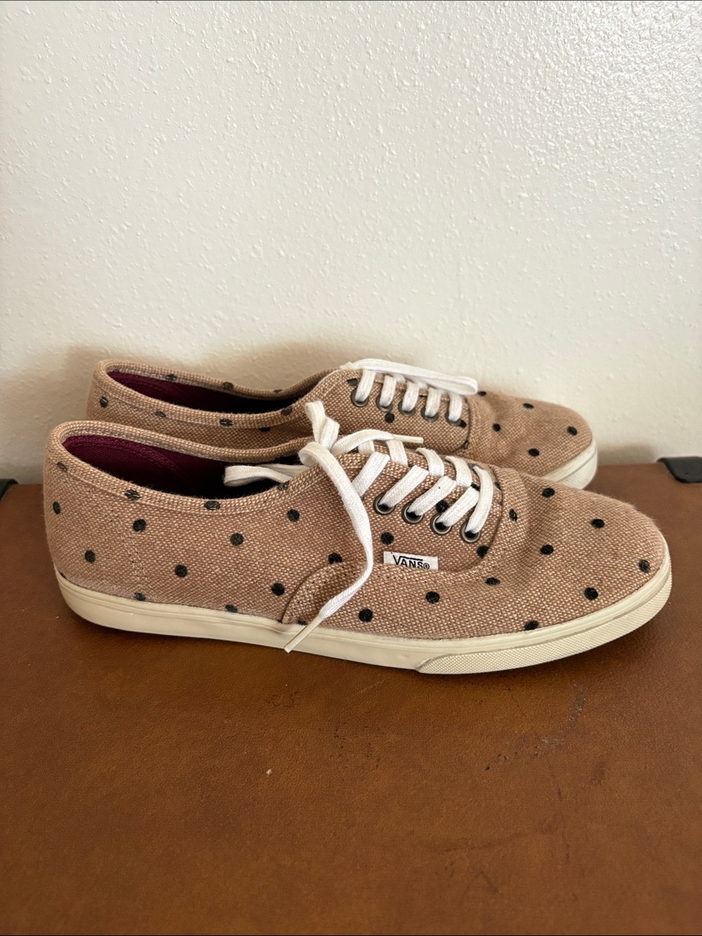 Vans Women’s Tan Canvas Sneakers with Black Polka Dots